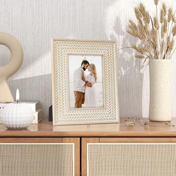 Boho 5x7 Picture Frame Woven Rattan Photo Frame | Bohemian Rustic Carved Design - Image 2