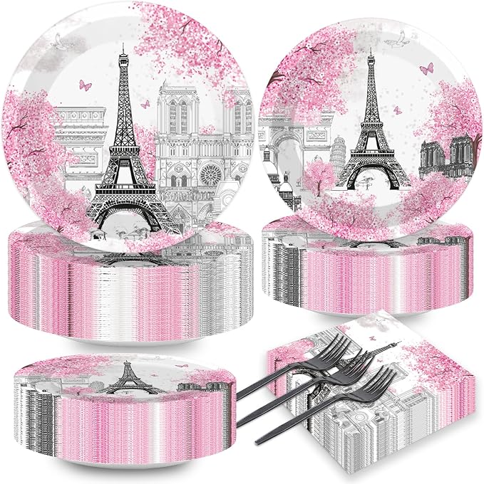 Naozinebi 200pcs Paris Eiffel Tower Plates Napkins Parisian Party Paris by Naozinebi