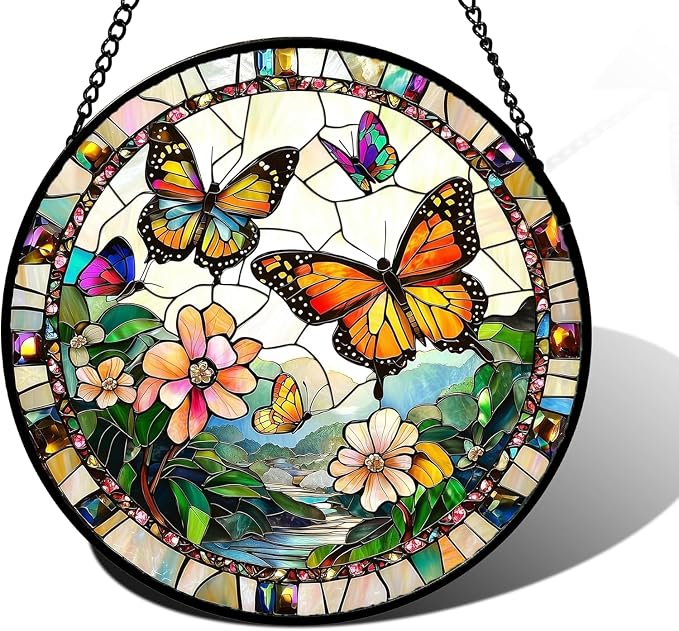 DASTOLL Stained Glass Window Hanging, Butterflies Flying in The Sky Suncatcher by DASTOLL