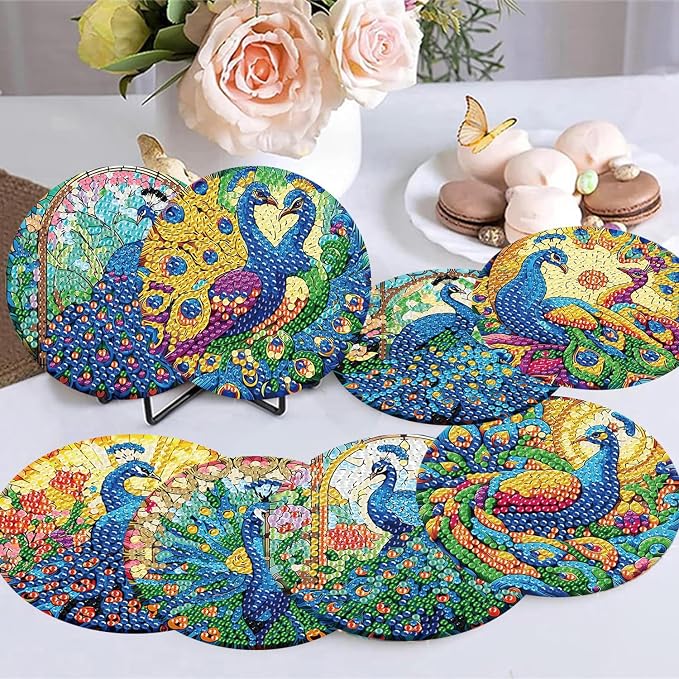 8 Pack Diamond Art Coasters, Peacock animals Diamond Painting Coasters Kits | - Image 5
