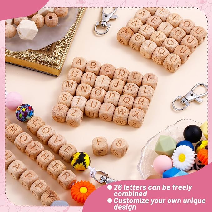 213 Pcs Silicone Beads for Keychain Making, 12mm Wood Letter Keychain 15mm - Image 3