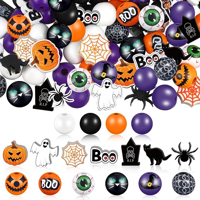 Tradder 200 Pieces Halloween Wood Beads Purple Orange Pumpkin Spider Black Cat by Tradder