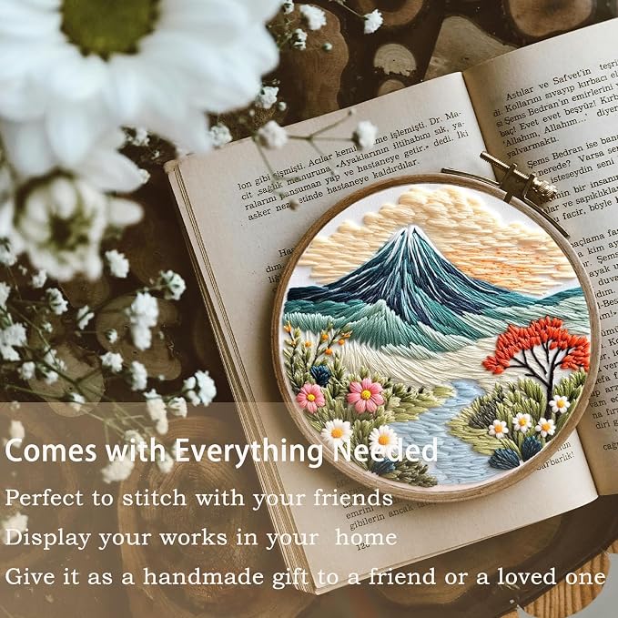 FONNUY Embroidery Kit for Beginners, Flower Hill Nature Landscape Pre-Stamped - Image 3