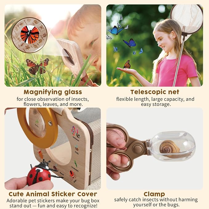 Wooden Insect Observation Kit for Kids, Insect Habitat Cage, Butterfly Net - Image 4