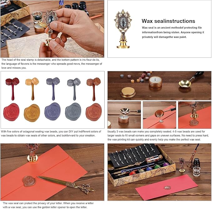 Joyeee Red Feather Pen and Ink Set, Vintage Pen & Sealing Wax Stamp Set - Image 5