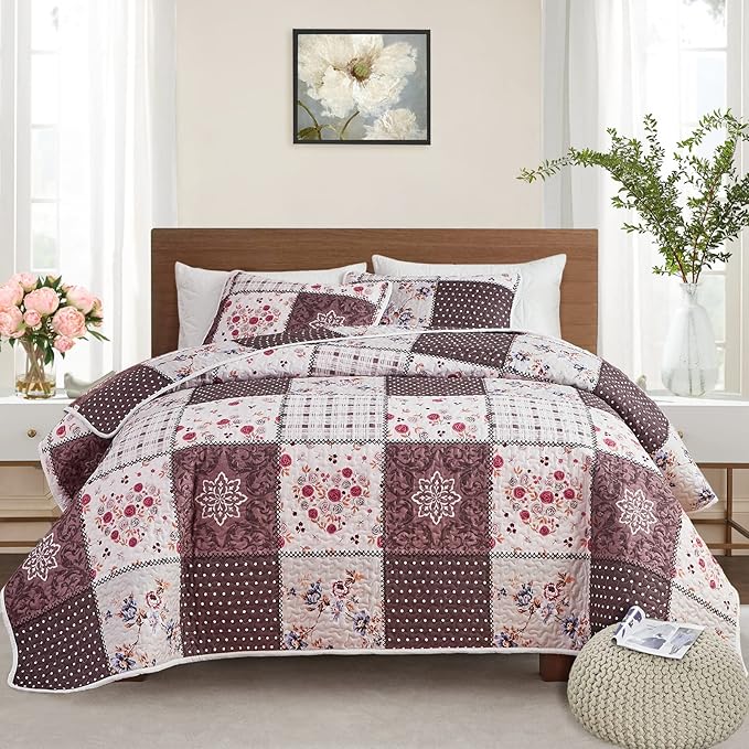 Patchwork Quilt Set King Size, 3 Pieces Brown Floral Plaid Summer Bedspread by Flysheep