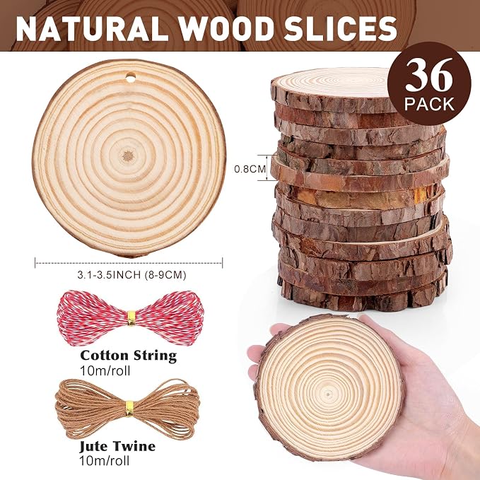 36 Pack Nature Wood Slices for Crafts, 3.1-3.5In Unfinished Natural Wood - Image 3
