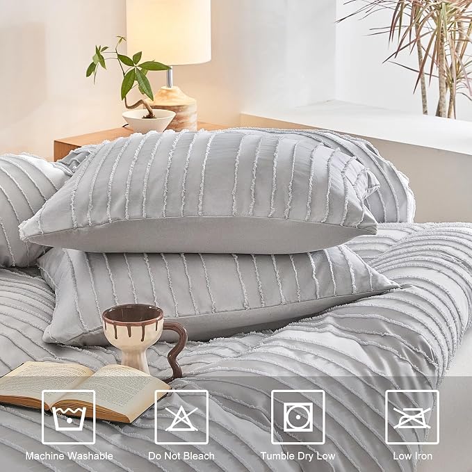 WARMDERN Light Grey Tufted Duvet Cover Set Queen Size, Striped Textured Duvet - Image 4