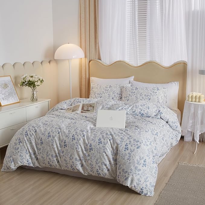 mixinni Garden Style Blue Flowers Leaves Duvet Cover King Size Soft Cotton - Image 3