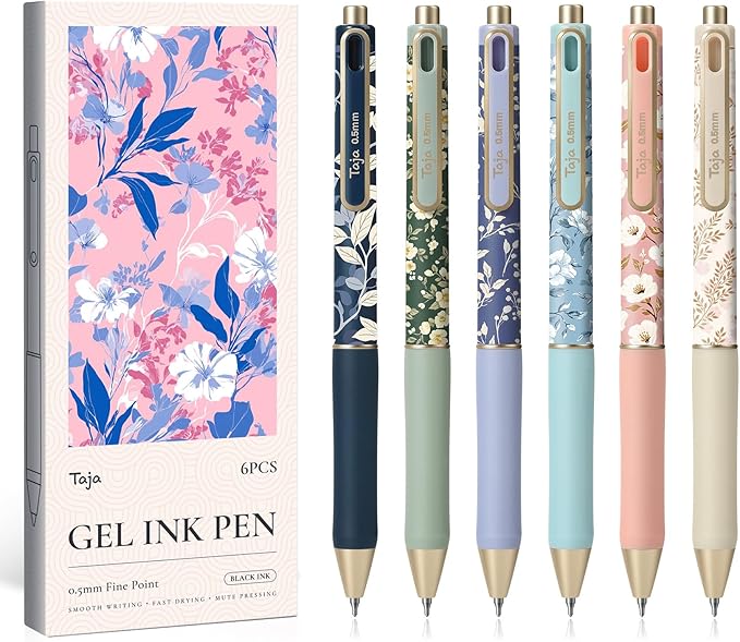 Taja Gel Pens, Floral Aesthetic 6 Pcs Quick Dry Black Gel Ink Pens, 0.5mm Fine by Taja