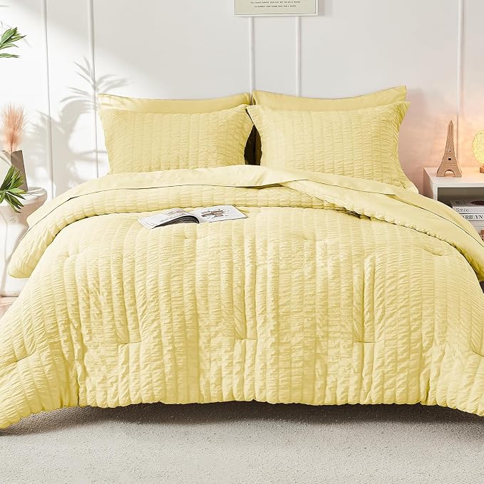 HYMOKEGE Yellow Twin Comforter Set Seersucker 5 Pieces, All Season Luxury Bed - Image 9