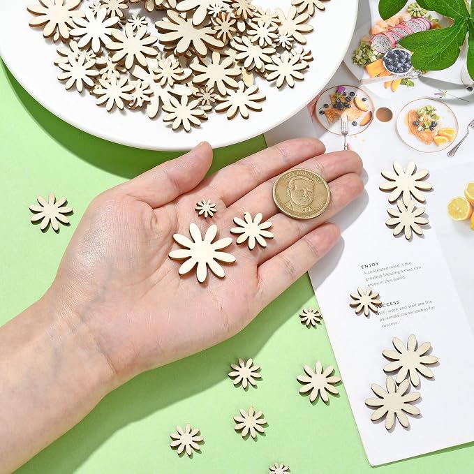 300 pcs 6 Styles Daisy Flower Theme Unfinished Wood Cutout Charms Cute Spring - Image 4