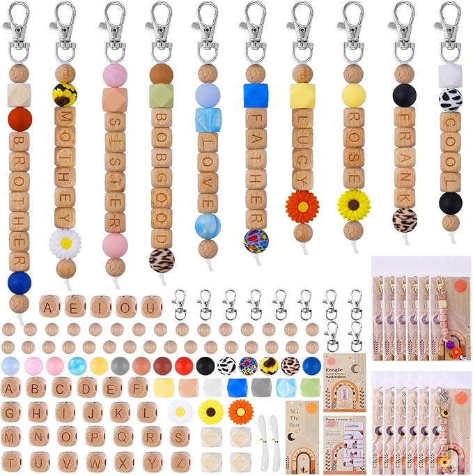 213 Pcs Silicone Beads for Keychain Making, 12mm Wood Letter Keychain 15mm by TOHONGADON