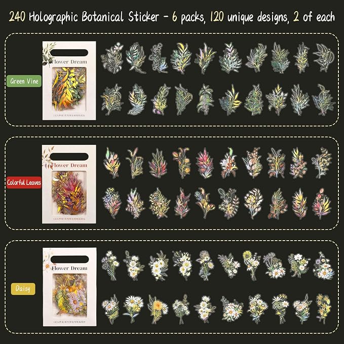 Dizdkizd Holographic Flower and Leaf Sticker Set, 240 Foil Gold Botanical - Image 5