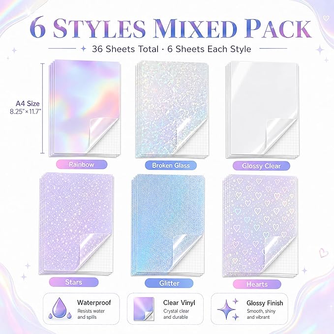 36 Sheets Holographic Sticker Paper Holographic Clear Vinyl Self Adhesive - Image 2