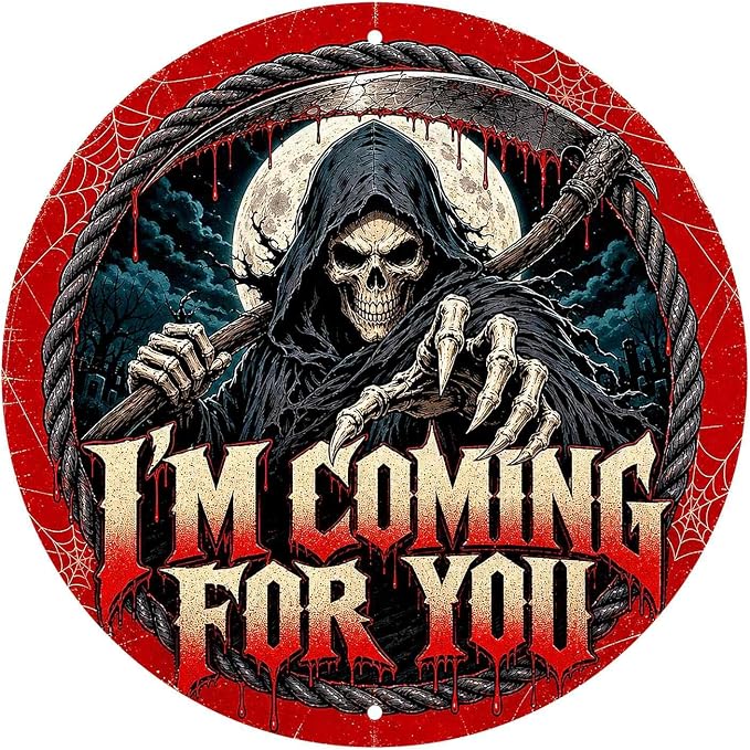 Grim Reaper Halloween Metal Tin Sign Round Wall Decor Blood Moon Scythe Gothic by Unknown