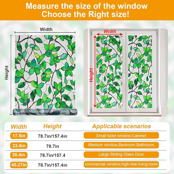 Countewol Greenery Leaf Static Cling Window Film Frosted Stained Glass Privacy - Image 8