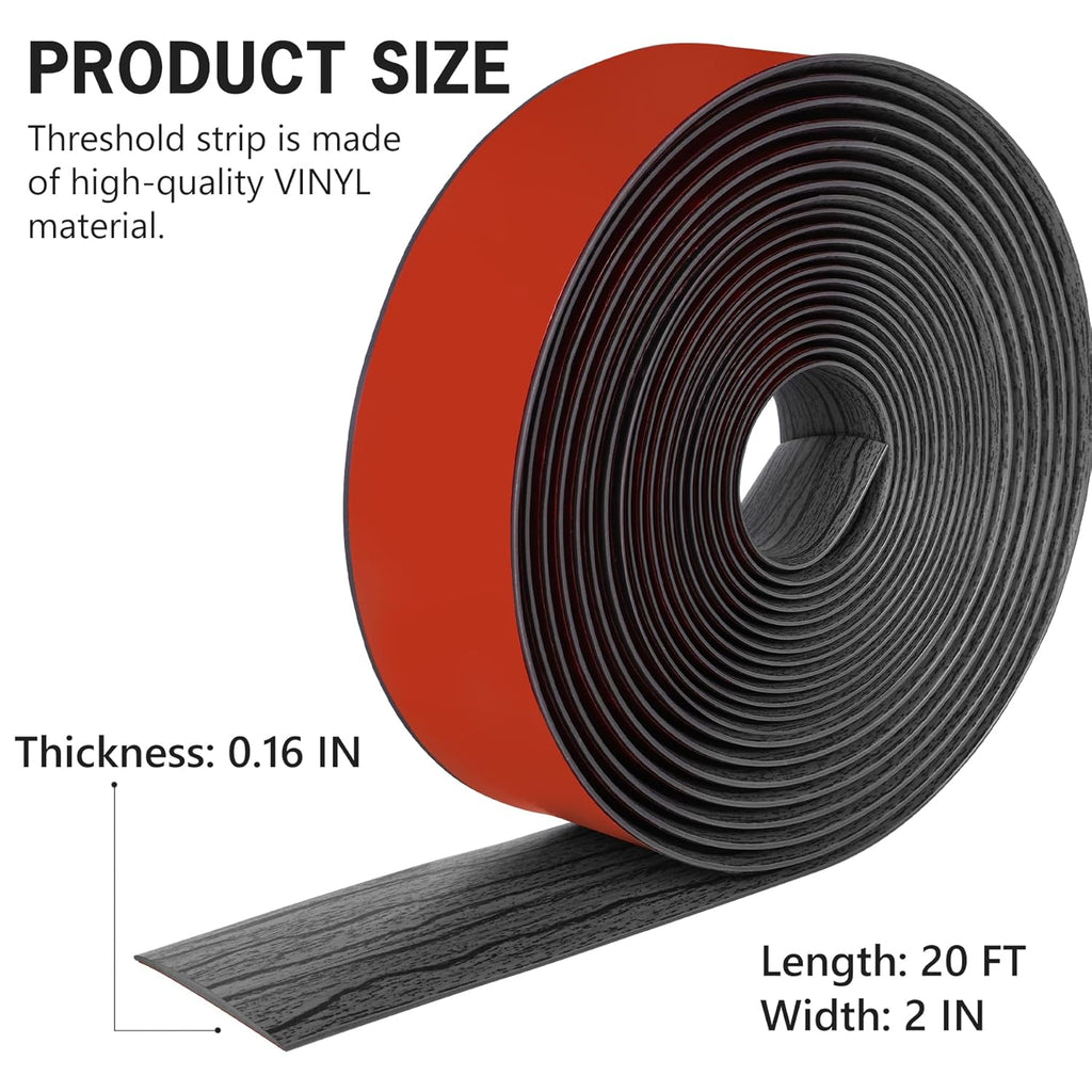 20Ft Floor Transition Strip Self Adhesive Vinyl Cover Floor Strip Flat Divider Transition Strip Wood Grain Design for Laminate Floor Gaps and Doorway Transitions (20Ft x 2 Inch, Gray)