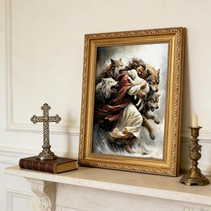 Vintage Gold Framed Jesus and Lamb Wall Art Jesus Saves the Lost Sheep Wall - Image 3