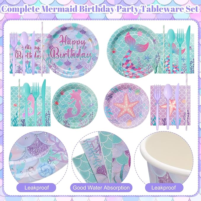 450 Pcs Mermaid Birthday Party Tableware Set Decorations Mermaids Paper Plates - Image 3