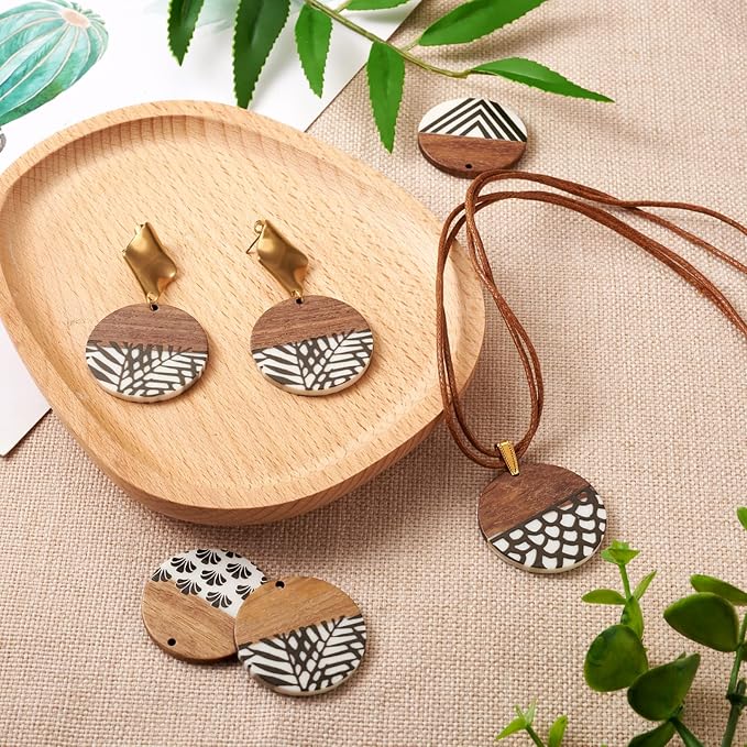FASHEWELRY 16Pcs Flat Round Wood Resin Earrings Charms 35mm Round Wooden - Image 3