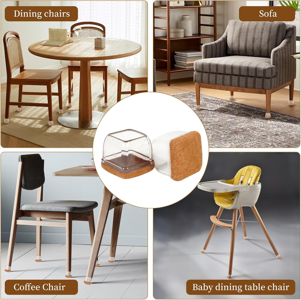 Square Chair Leg Floor Protectors Large 24Pcs,Silicone Chair Leg Protectors for Hardwood Floors/Tiles,Clear 360°Wrapped Felt Bottom to Prevent Scratch and Reduce Noise