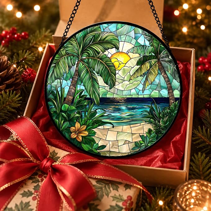 Sunset Beach Acrylic Suncatcher Faux Stained Glass Window Hanging 6.3" | - Image 5
