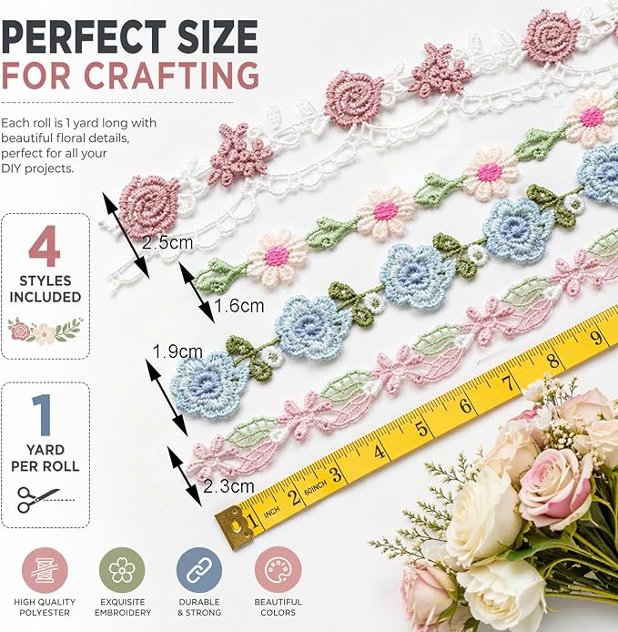 4 Yards Floral Lace Trim Ribbon, Colorful Embroidery Flower Sewing Fabric | - Image 2