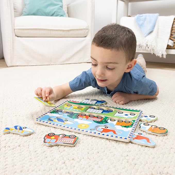 Melissa & Doug Wooden Peg Puzzle Set – 4-Pack Vehicle, Safari & Pet Animal - Image 5