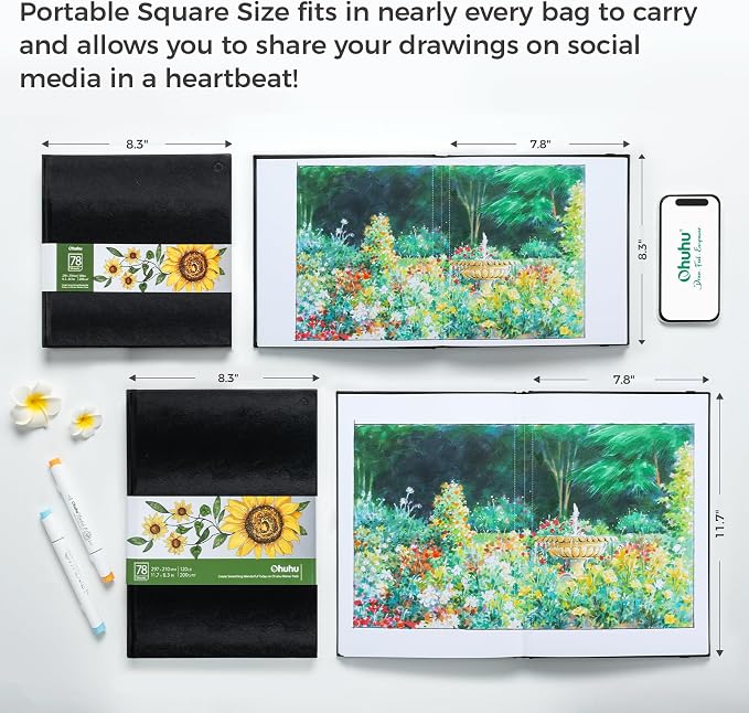 Ohuhu Sketchbook Marker Paper Pad: 2 Pack 8.3"x8.3"&8.3"x11.7" Art Sketch Book - Image 7