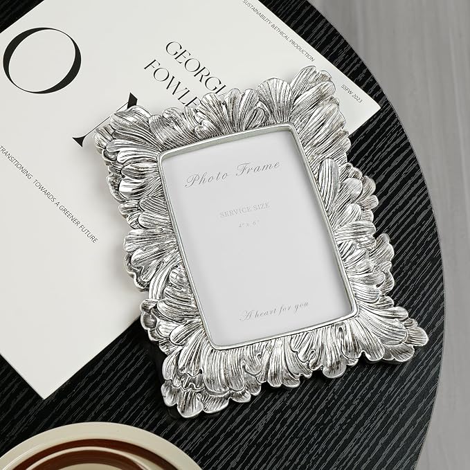 Cuspin 4x6 Picture Frame Silver, Vintage Ornate Palm Leaves Textured - Image 3
