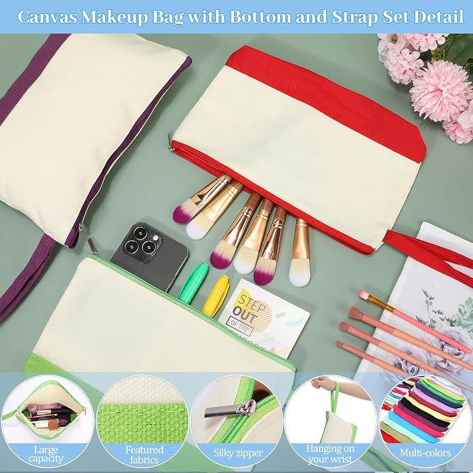 Silkfly 48 Pcs Cotton Canvas Makeup Bags Cosmetic Zipper Bags 10.2 x 5.5 x 2'' - Image 3