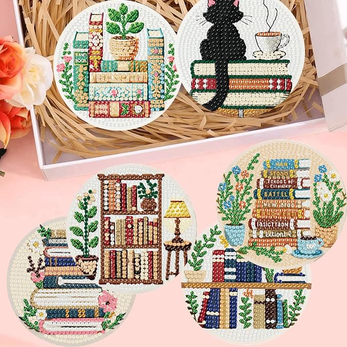 8 Pack Bookshelf Diamond Art Coasters, Diamond Painting Coasters Kits | Books - Image 6