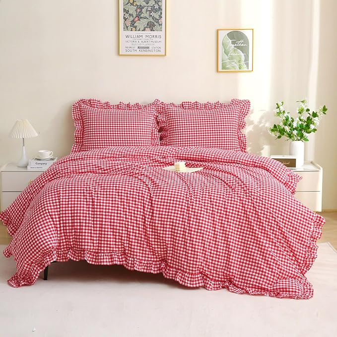 Silnuo Red/White Checkered Ruffle 3-Piece Duvet Cover Set King Size, Washed - Image 8