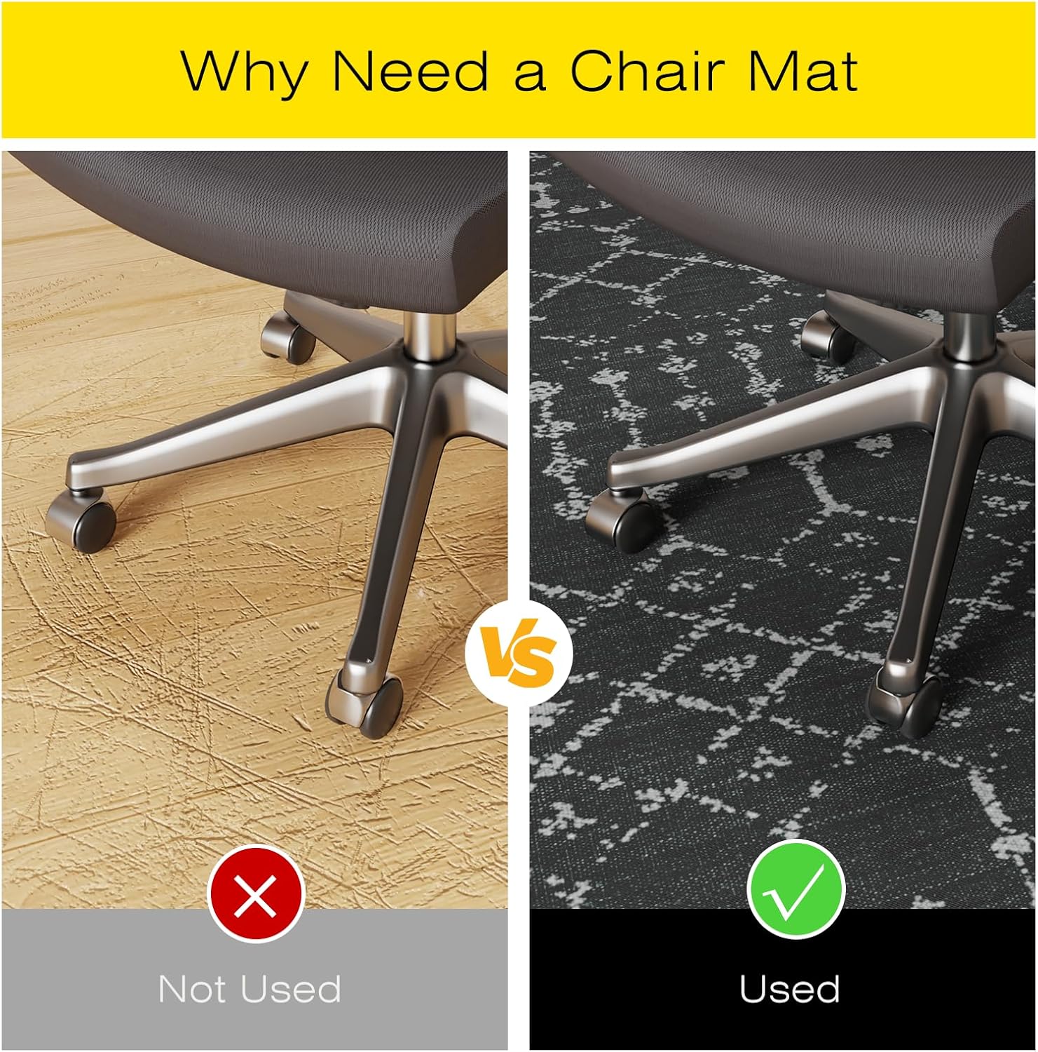 Office Chair Mat for Hardwood & Tile Floors, 48" x 36" Desk Chair Mat, Non-Slip Floor Protector for Rolling Chairs, Machine Washable Area Rug for Home Office, Black