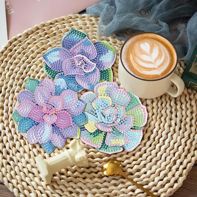 Clendo 8 Pcs Succulent Diamond Art Coasters Kit - Image 5