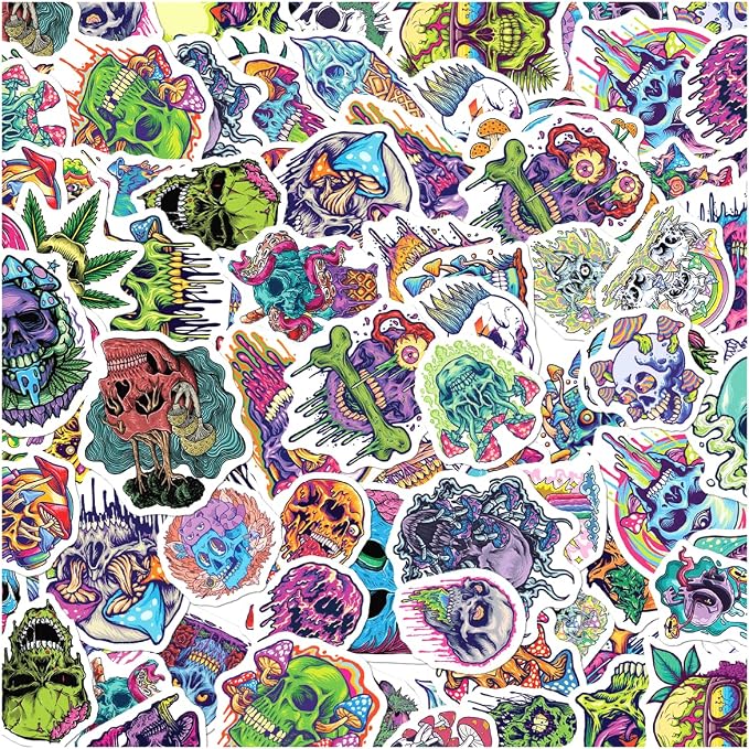 Psychedelic Skull and Trippy Mushroom Artwork 50pcs Stickers Pack Vinyl by rabowa