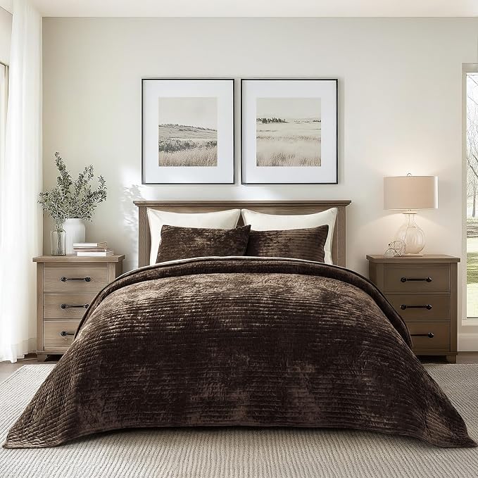 EVERGRACE Velvet Quilt Set King Size, Luxurious Soft Striped Channel Bedding Set by EverGrace
