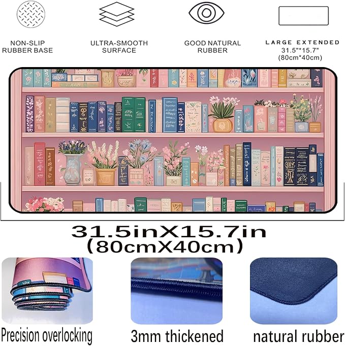 Cute Bookshelf Deskmat, Game Pad, Large Office Desk Keyboard Mat, Anti Slip - Image 2