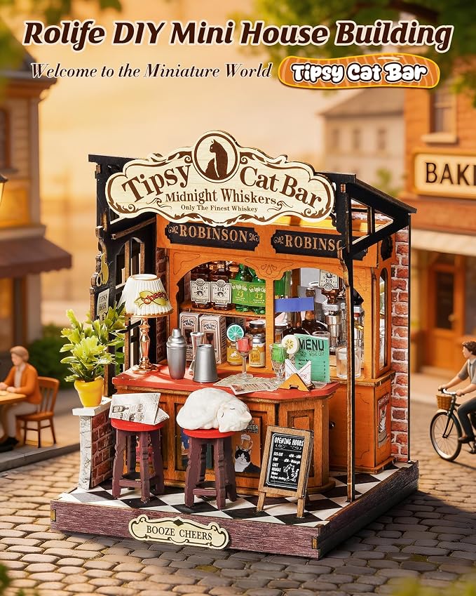Rolife Miniature House Kit for Adults Tipsy Cat Bar DIY Wooden Dollhouse Kit - Image 7