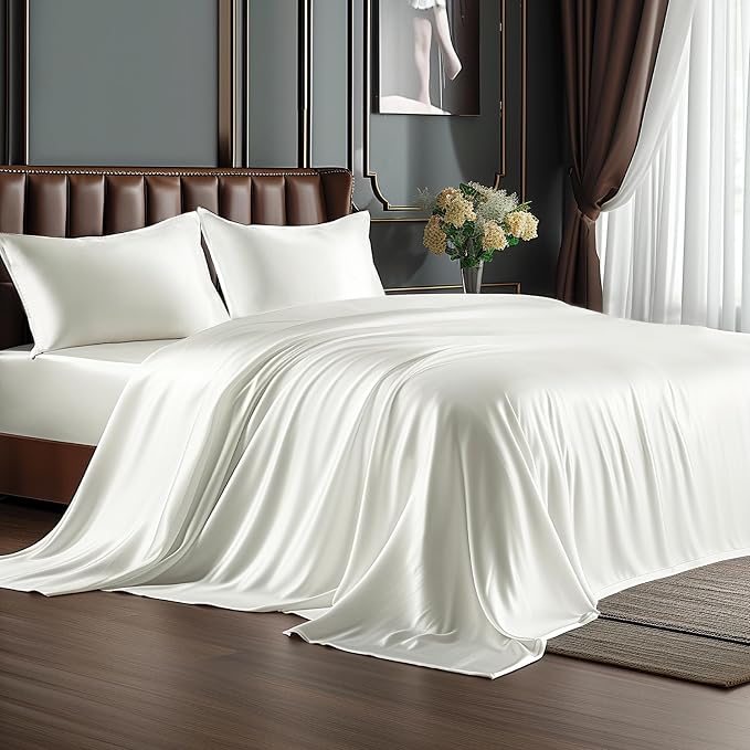 BEDELITE Satin Sheets Twin XL Size Bed Set, Luxury Soft Ivory White Silky Sheets by BEDELITE