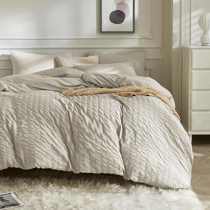 JELLYMONI Beige Duvet Cover Queen Size, Soft Breathable Seersucker Duvet Cover by JELLYMONI
