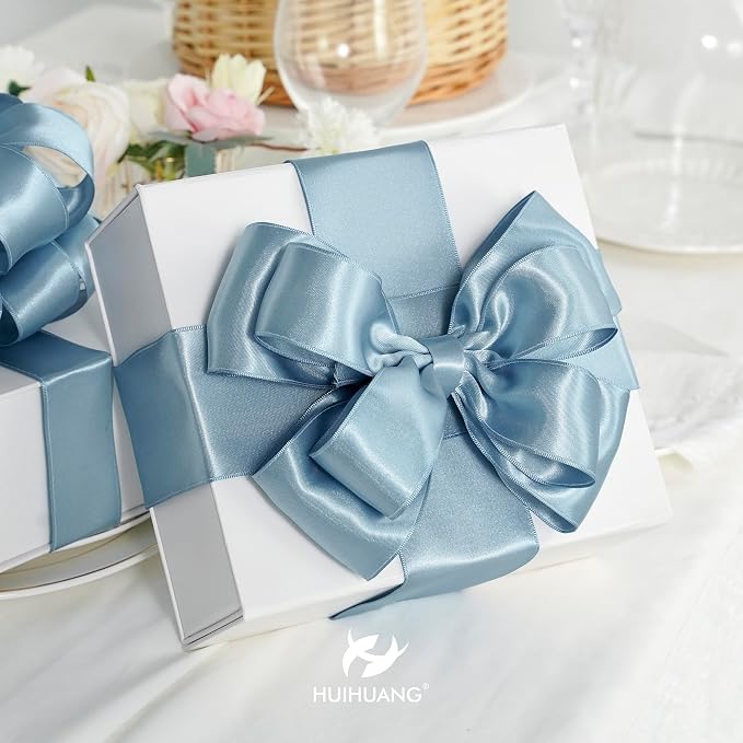 HUIHUANG Dusty Blue Satin Wired Ribbon 2.5 inch Blue Double-Faced Satin Wired - Image 8