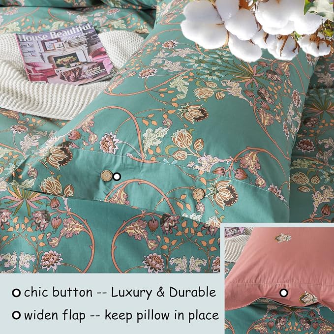 FADFAY Duvet Cover Set Floral Bedding Button Closure Twin 100% Cotton 600 TC - Image 4