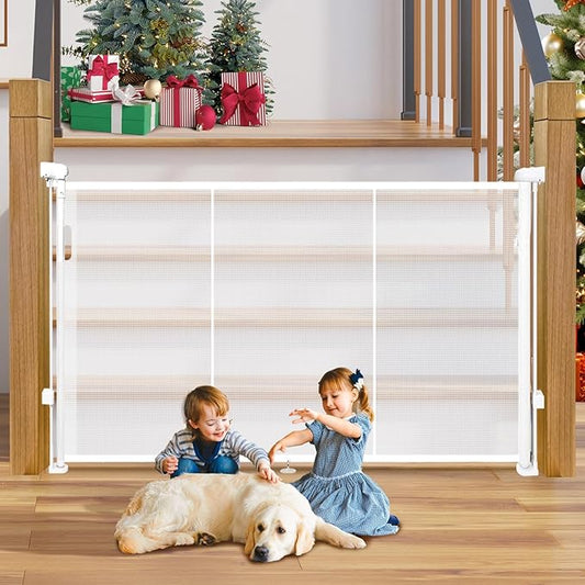 42" Extra Tall Retractable Baby Gates Dog Gate for Stairs, 55" Wide Mesh Baby Gate Pet Gate with Support Rods for The House, Child Safety Gates for Doorways, Hallways, Deck, Porch, Indoor, Outdoor