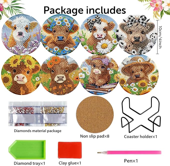 8 Pack Diamond Art Coasters, Highland Cow Diamond Painting Coasters Kits | Cow - Image 2