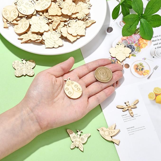 200 Pcs Unfinished Wooden Cutouts Insect Butterfly Bird Shapes Wooden Craft - Image 4