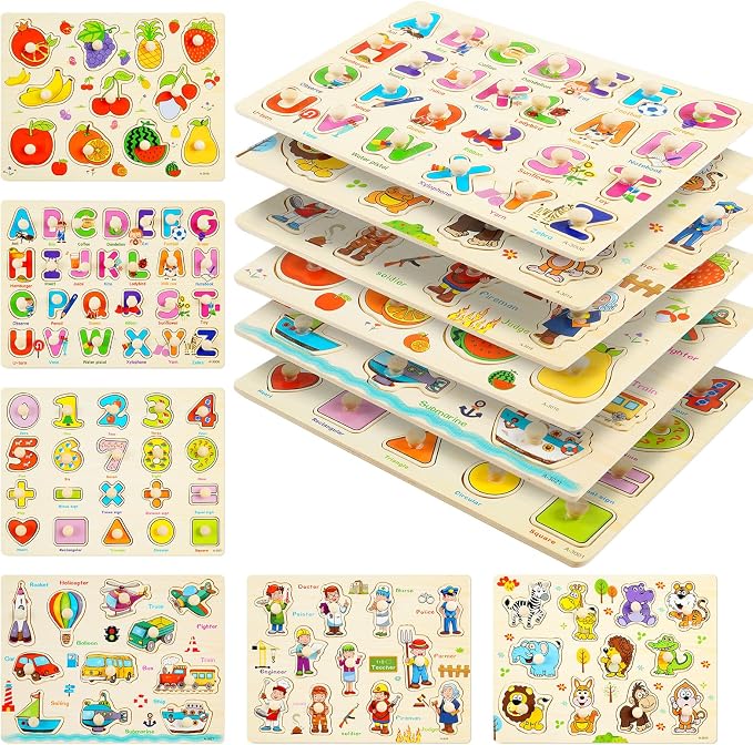 Wooden Peg Puzzles for Toddlers, 6 Pack Toddler Puzzles Set for 3 4 5 Years Old by YUNCHY