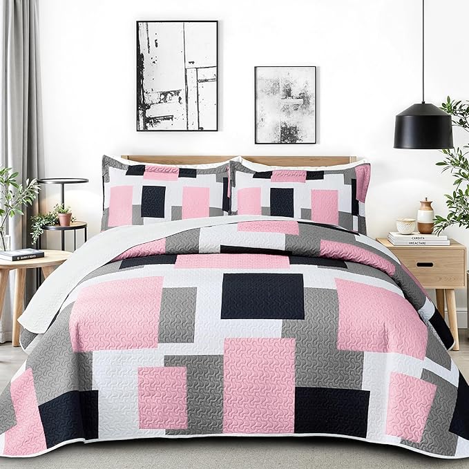Tyrot 3 Piece Pink Grey Quilt Set Full/Queen Size Pink Gray White Geometric by TyrotHomeDecor
