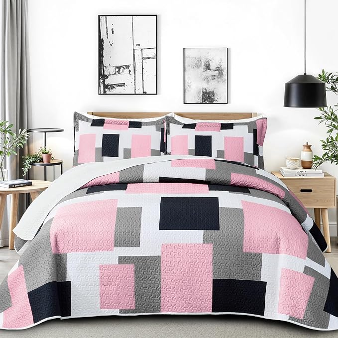 Tyrot 3 Piece Pink Grey Quilt Set King Size Pink Gray White Geometric by TyrotHomeDecor